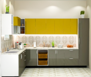 Calm kitchen colour combination with yellow and grey