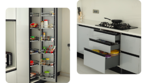 Pull out pantry and multipurpose drawers for small kitchen design 