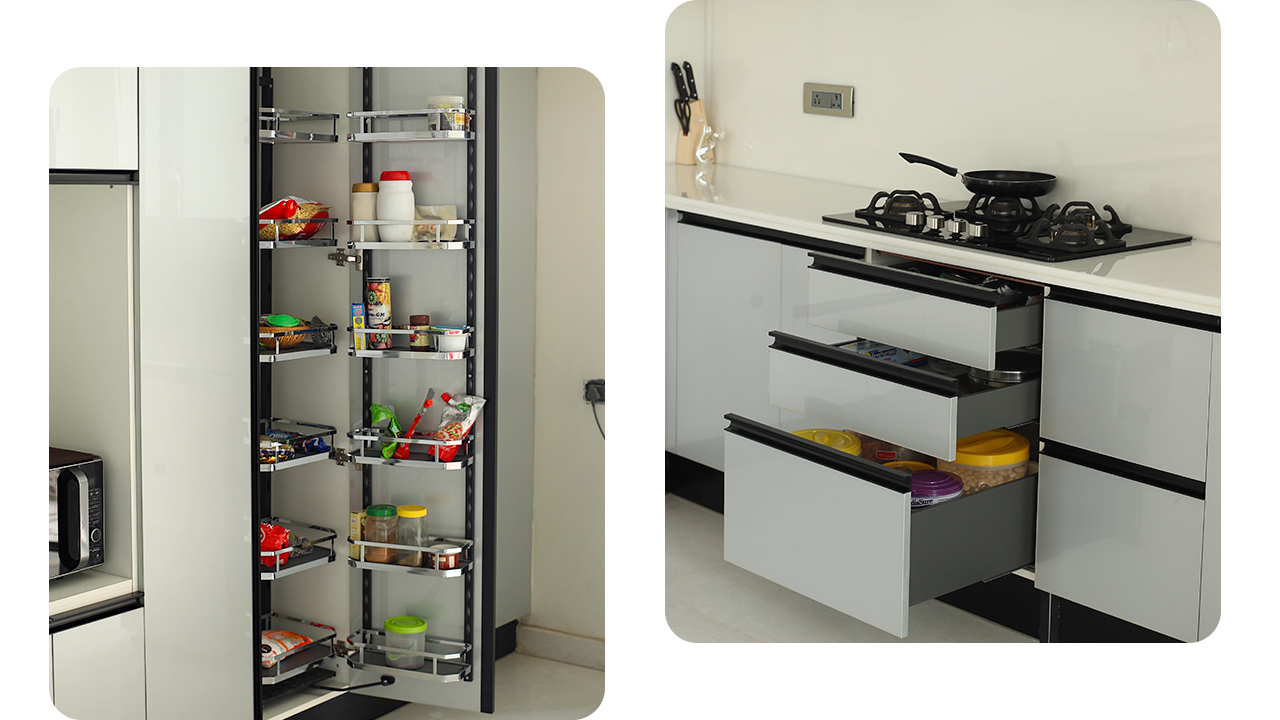 Pull out pantry and multipurpose drawers for small kitchen design