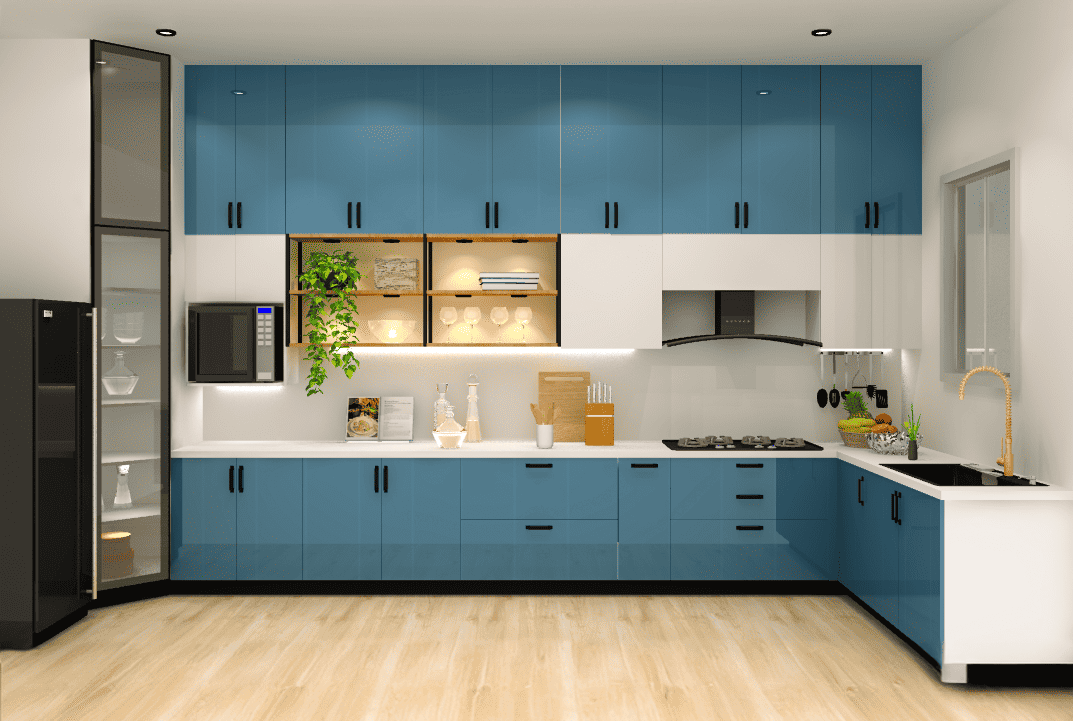 Blue Kitchen Design with White Cabinets in Dual Tone | Ultrafresh Prestige Kitchen